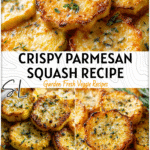 Crispy golden baked Parmesan Squash slices arranged on a white plate with herbs as a side recipe. 2